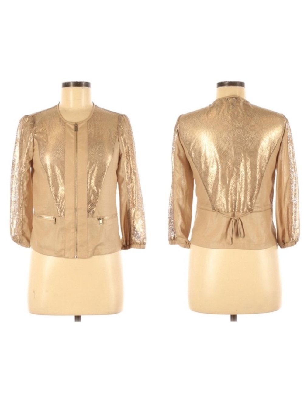 CACHE Gold 3/4 Sleeve Lace Zip Front Jacket 0
